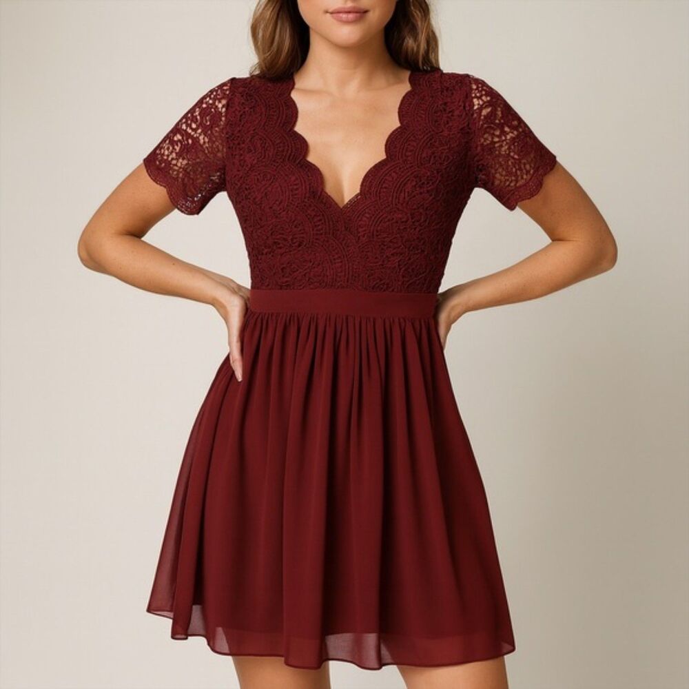 Lulu's Wine Lace V-Neck Mini Dress
